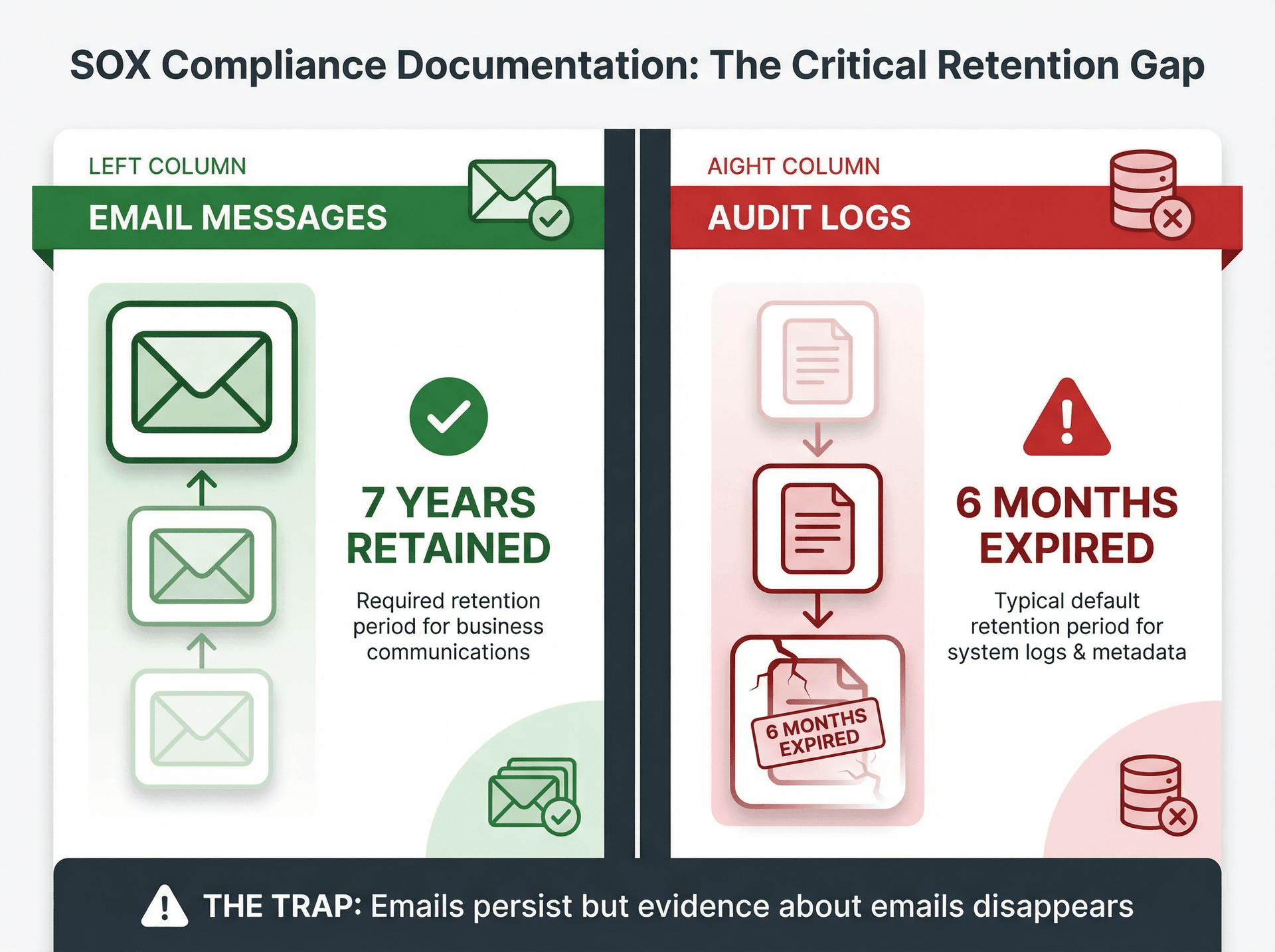 Visual comparison showing emails retained for 7 years versus audit logs expiring in 6 months, illustrating the SOX compliance trap